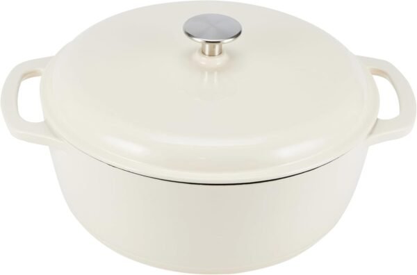 Cast Iron Dutch Oven Pot with Lid, Enameled, Round, Dual Handles, Heavy-Duty, Medium, 6-Quart, White