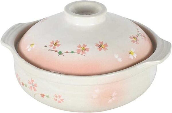 4893, Clay Pot for Cooking Japanese Hot Pot Casserole Korean Earthenware Pot with Lid, Sakura Pattern, Serving 3-4 People (No.08)