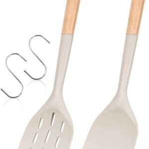 Pack of 2 Silicone Spatula, Non Stick Cooking Utensil Set Wooden Handle Kitchen Turner for Baking Mixing Grilling Serving Food Heat Resistant Non Scratch Hooks Included (Khaki)