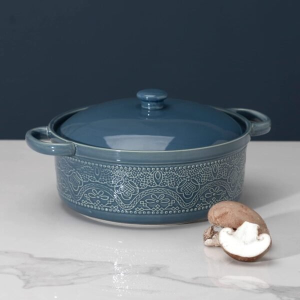 Lace Emboss Casserole Dish with Lid, 2 Quart Oven to Table Ceramic Round Serving Dish with Handles for Dinner and Party, Thanksgiving Christmas Gifts(Grayish Blue)