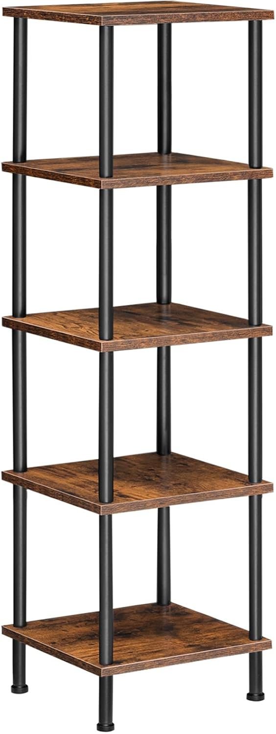 5-Tier Corner Shelf Stand, Corner Square Rack Display Shelf, Tall Storage Plant Stand, Bookcase for Small Spaces, Living Room, Home Office, Kitchen, Rustic Brown and Black