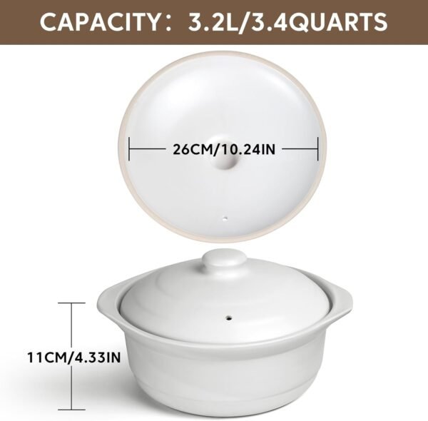 Ceramic Pots Casserole Soup Bowl with Lid Ceramic Cookware Stockpot Rice Pots Clay Pot for Cooking (White, 3.4 Quart)