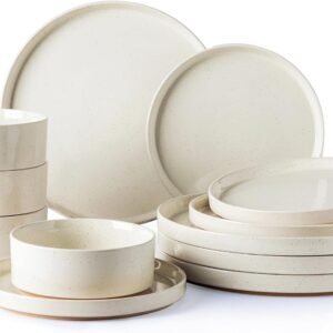 Ceramic Dinnerware Set for 4 | Speckled Stoneware Plates and Bowls with unglazed terracotta | Scratch Resistant, Dishwasher & Microwave Safe Dishes Sets- 12-Pcs Beige