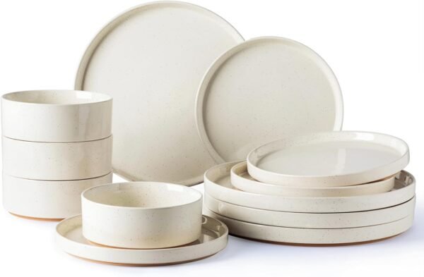 Ceramic Dinnerware Set for 4 | Speckled Stoneware Plates and Bowls with unglazed terracotta | Scratch Resistant, Dishwasher & Microwave Safe Dishes Sets- 12-Pcs Beige