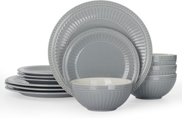 Garden Plates and Bowls Set, 12-Piece Dishes Set for 4, Scratch Resistant Kitchen Dishes Dinnerware Set - Microwave and Dishwasher Safe, Reactive Glaze and Embossed Stoneware, Bluish Grey