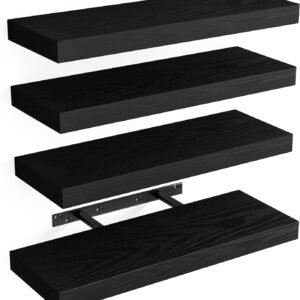 Floating Shelves for Wall, Wall Mounted Rustic Wood Shelves for Bathroom, Living Room, Bedroom and Kitchen, Wall Shelves for Storage,Books,Room Decor (Black, Set of 4, 15.8 Inch)