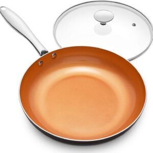 10 Inch Copper Nonstick Frying Pan with Lid, Scratch Resistant Ceramic Coating, Oven and Dishwasher Safe