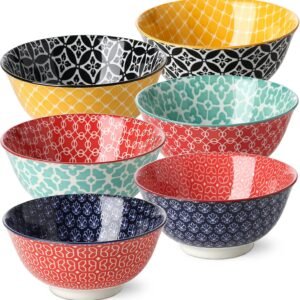 Soup Bowls Set of 6, Cereal Bowls for Kitchen, 23 OZ Large Ceramic Bowl, Colorful Vibrant Patterned Porcelain Bowls for Kitchen Decor and Housewarming Gift, Dishwasher and Microwave Safe