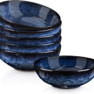 Ceramic Salad Bowls Set for Kitchen, Serving - 32 Ounce Soup Bowls, Pasta Bowls, Chip Resistant, Dishwasher Microwave Safe, Large, Fluted, stoneware, Set of 6 (Blue)