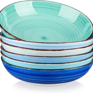 Pasta Bowls Set of 6, 38 oz Shallow Bowls, Ceramic Pasta Plates and Salad Bowls, Microwave & Dishwasher Safe Serving Bowls, Blue