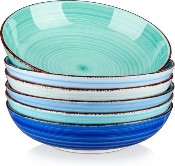 Pasta Bowls Set of 6, 38 oz Shallow Bowls, Ceramic Pasta Plates and Salad Bowls, Microwave & Dishwasher Safe Serving Bowls, Blue