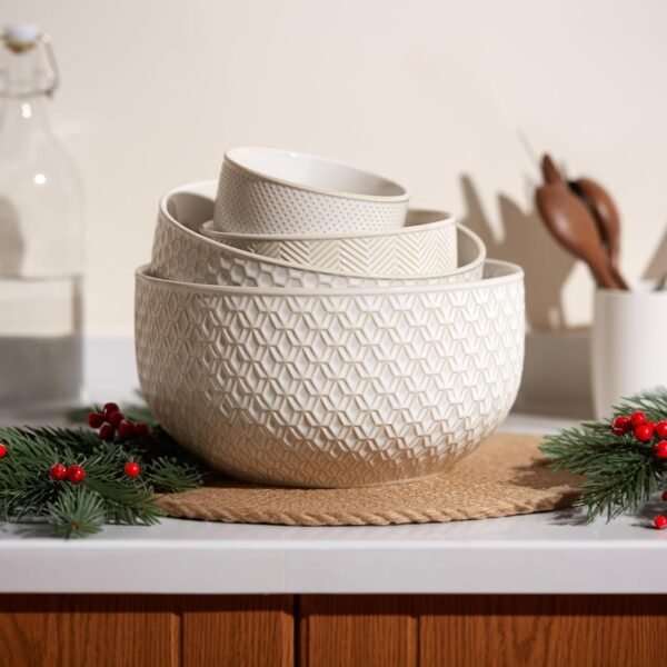 Ceramic Mixing Bowls, Nesting Bowls, Set of 4, Embossed Kitchen Bowls, Prep, Serving, Gift, Microwave and Dishwasher Safe, 20/44/98/145 oz,  Collection (Ivory)