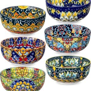 Cereal Bowls Set of 6, Bohemian Ceramic Soup Bowls, 28 oz Colorful Bowls Set for Kitchen, Dishwasher & Microwave Safe for Salad, Pasta, Rice, Oatmeal, Fruit